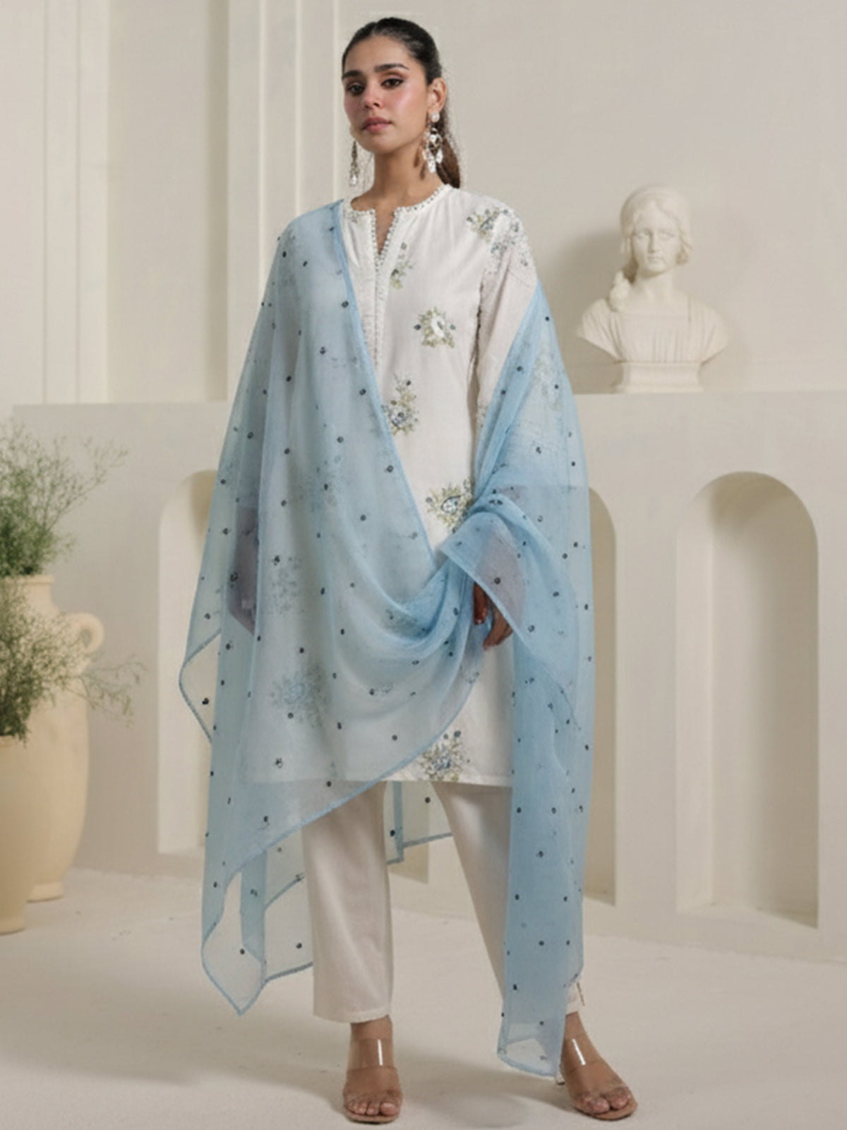 Off White Embroidered Straight Kurta Trousers With Dupatta Set