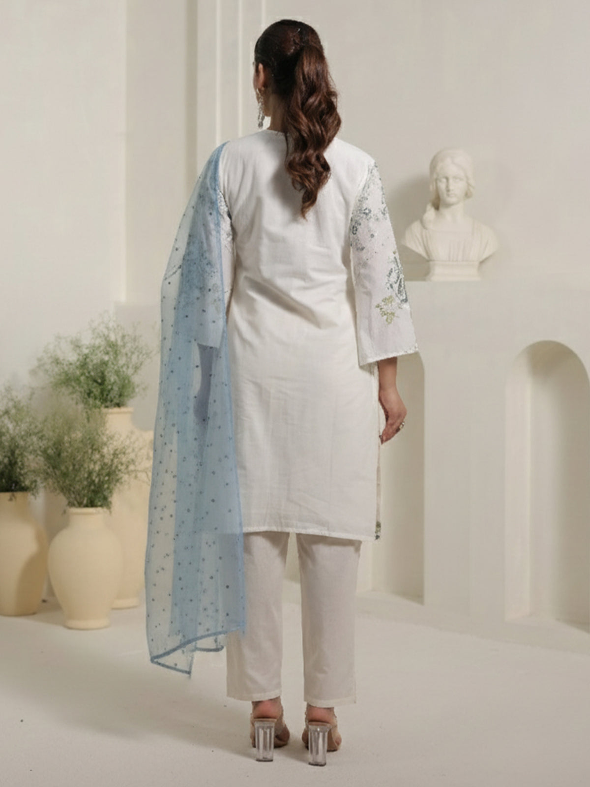Off White Embroidered Straight Kurta Trousers With Dupatta Set