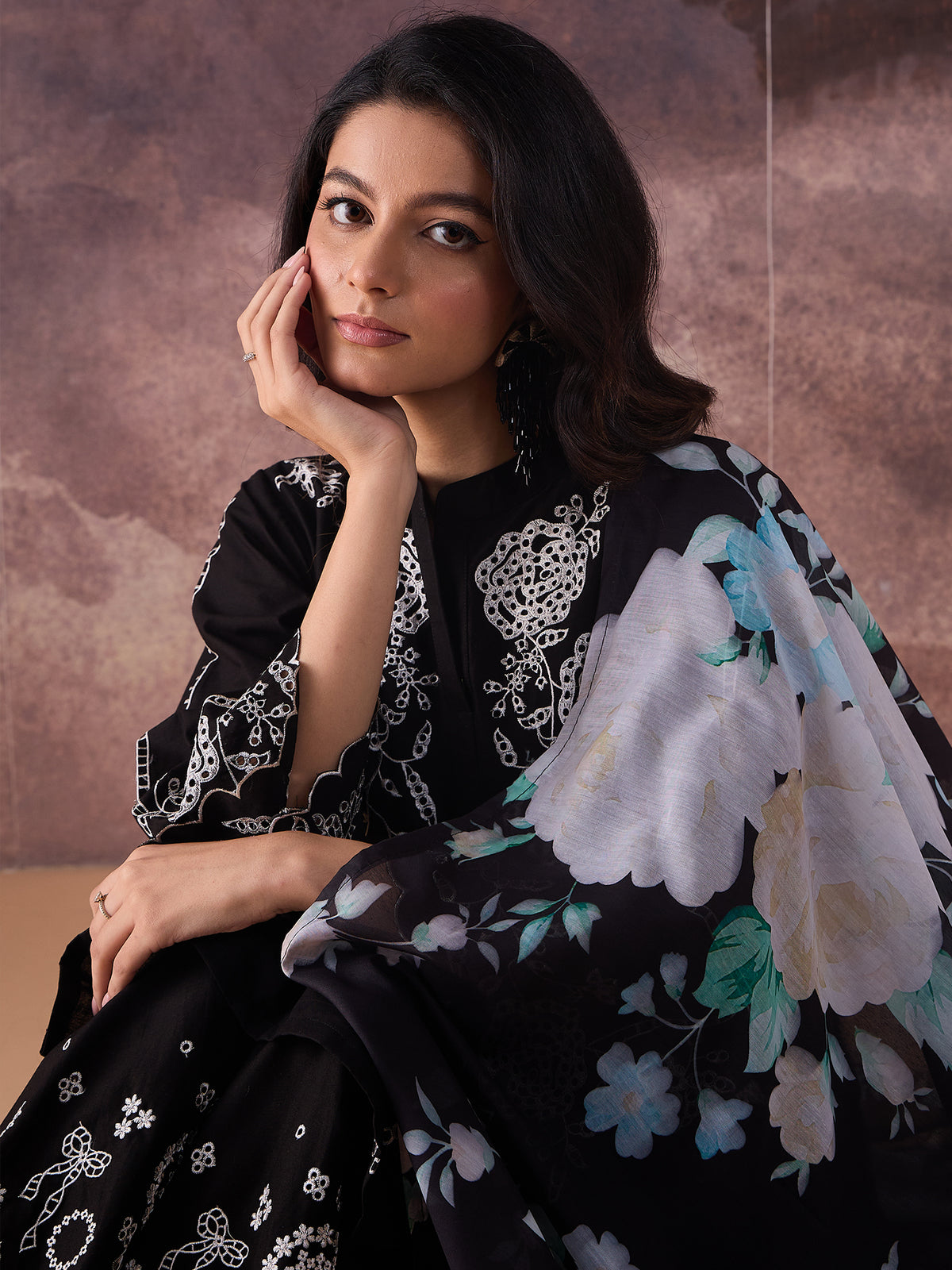 Black Embroidered Straight Kurta Palazzos With Dupatta Set
