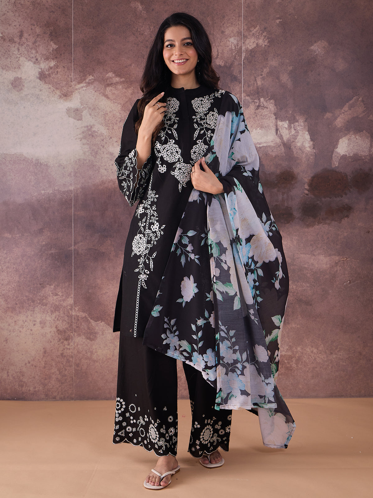 Black Embroidered Straight Kurta Palazzos With Dupatta Set