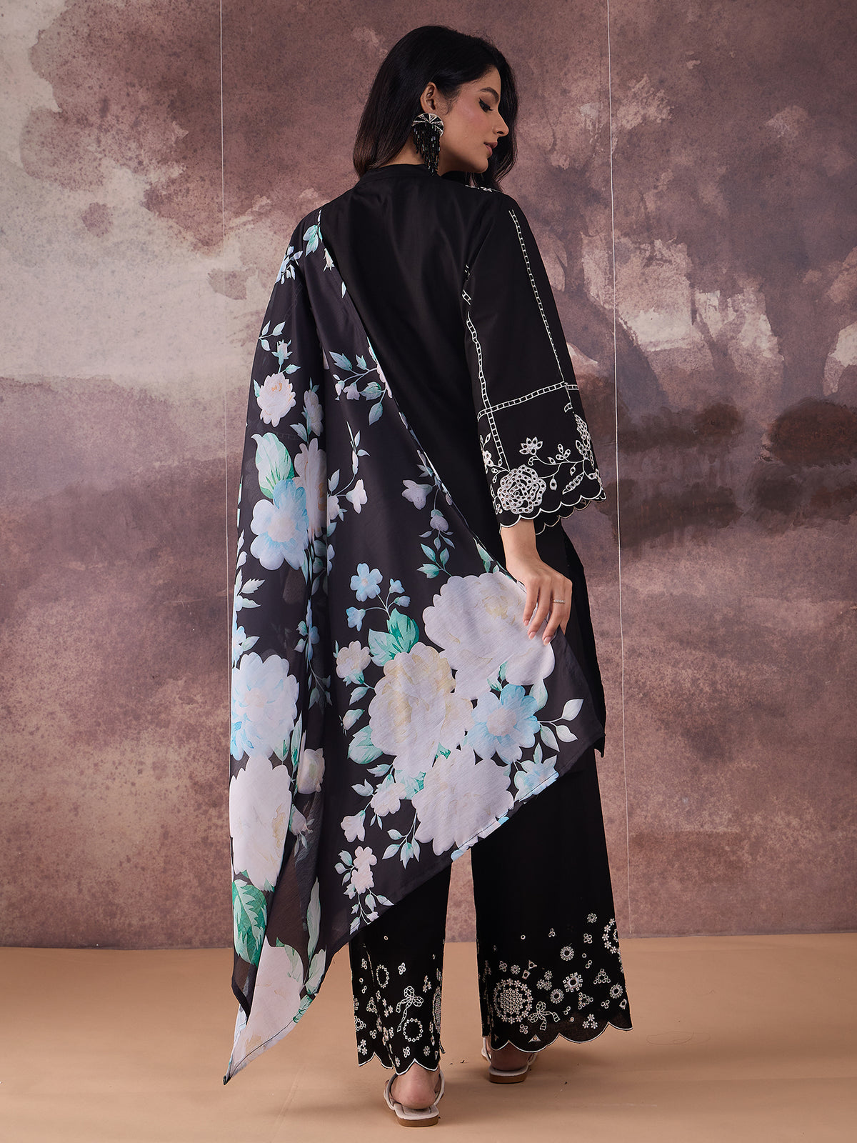 Black Embroidered Straight Kurta Palazzos With Dupatta Set