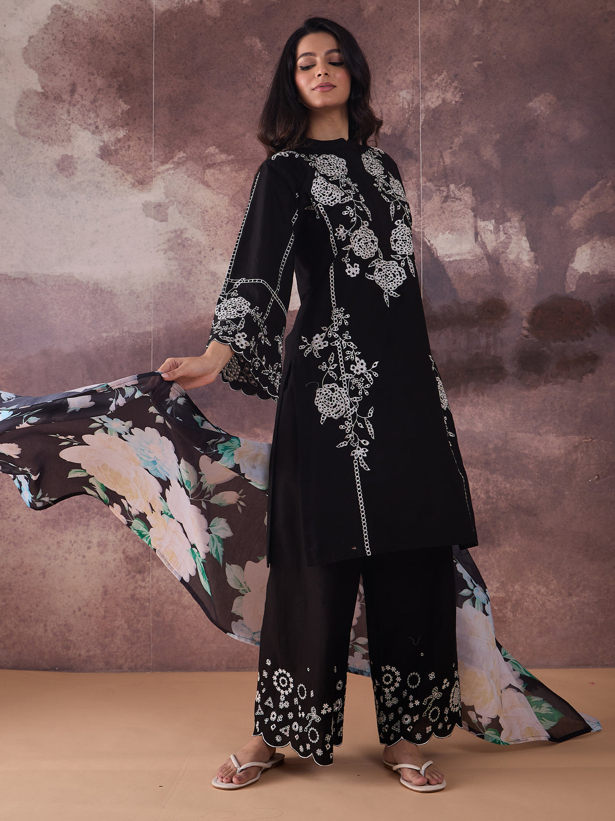 Black Embroidered Straight Kurta Palazzos With Dupatta Set