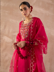 Pink Embroidered Straight Kurta Trousers With Dupatta Set