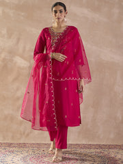 Pink Embroidered Straight Kurta Trousers With Dupatta Set