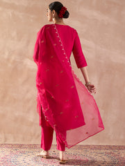 Pink Embroidered Straight Kurta Trousers With Dupatta Set