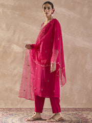 Pink Embroidered Straight Kurta Trousers With Dupatta Set