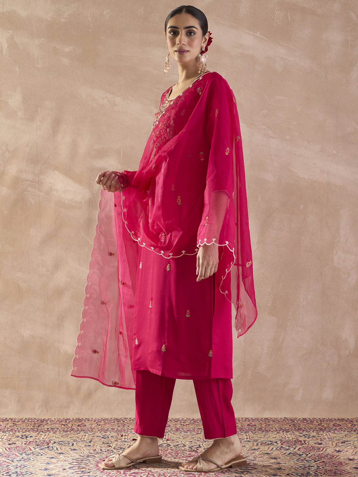 Pink Embroidered Straight Kurta Trousers With Dupatta Set