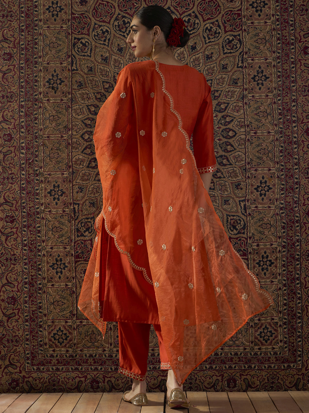 Orange Embroidered Straight Kurta Trousers With Dupatta Set