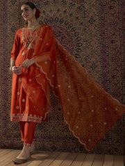 Orange Embroidered Straight Kurta Trousers With Dupatta Set