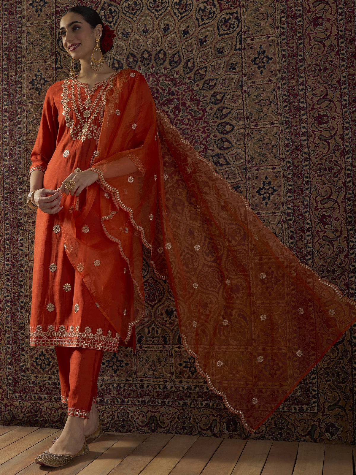 Orange Embroidered Straight Kurta Trousers With Dupatta Set