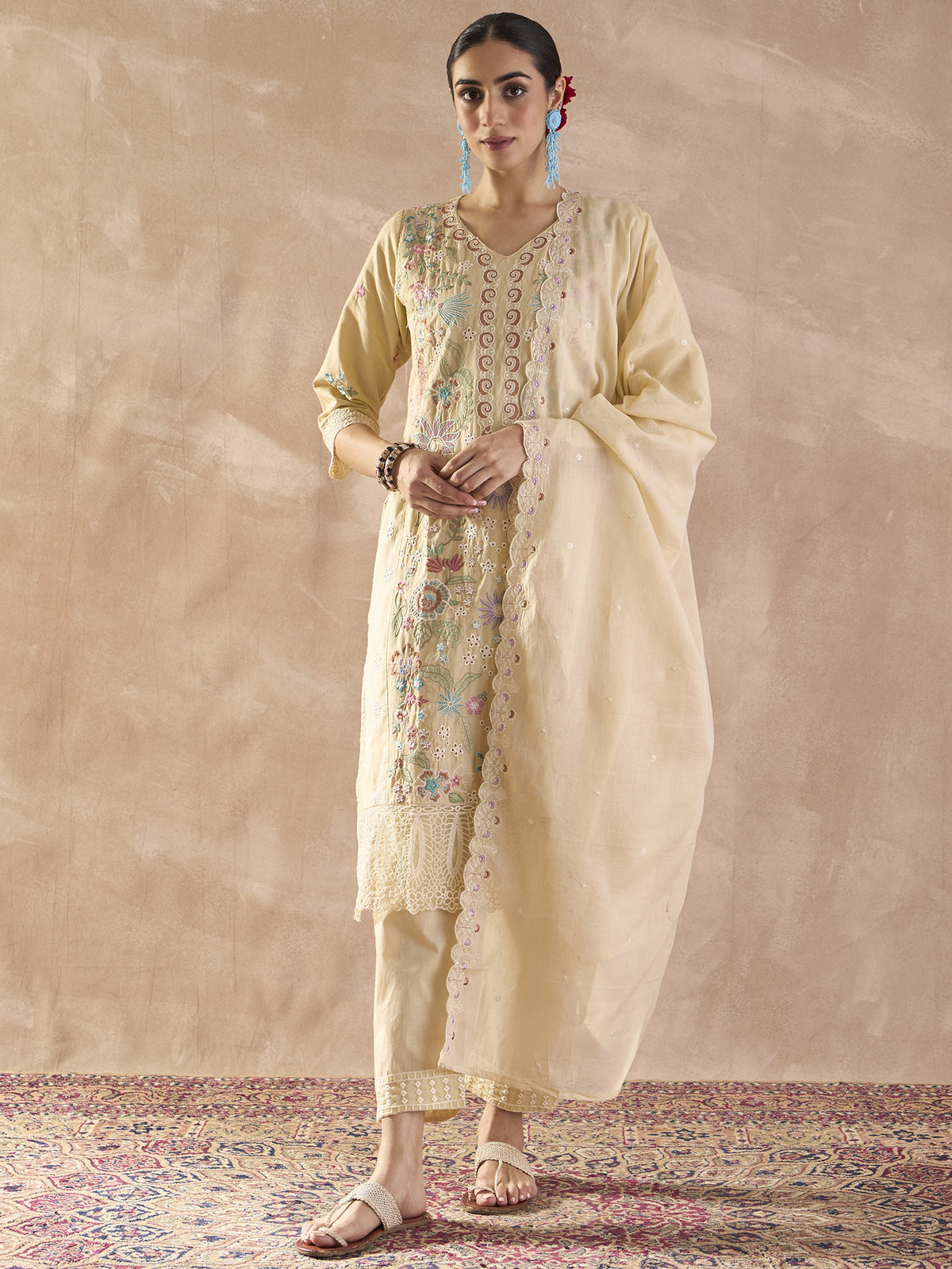 Beige Embroidered Straight Kurta Trousers With Dupatta Set