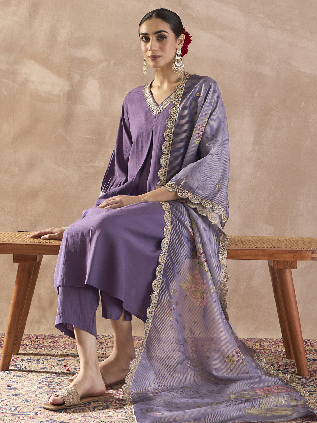 Purple Solid A-Line Kurta Trousers With Dupatta Set