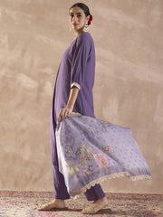 Purple Solid A-Line Kurta Trousers With Dupatta Set