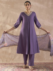 Purple Solid A-Line Kurta Trousers With Dupatta Set
