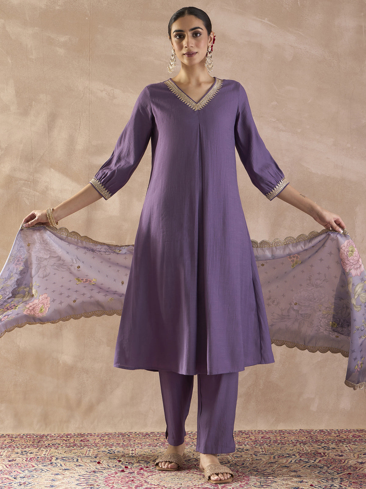 Purple Solid A-Line Kurta Trousers With Dupatta Set