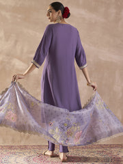 Purple Solid A-Line Kurta Trousers With Dupatta Set