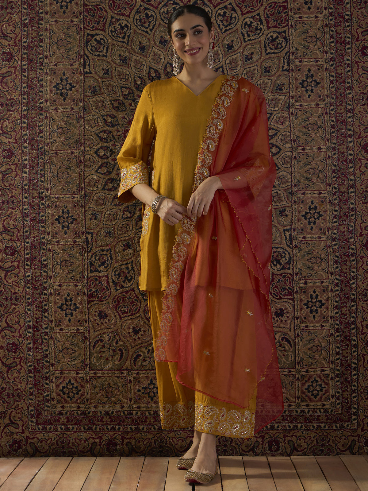 Yellow Embroidered Straight Kurta Trousers With Dupatta Set