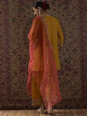 Yellow Embroidered Straight Kurta Trousers With Dupatta Set