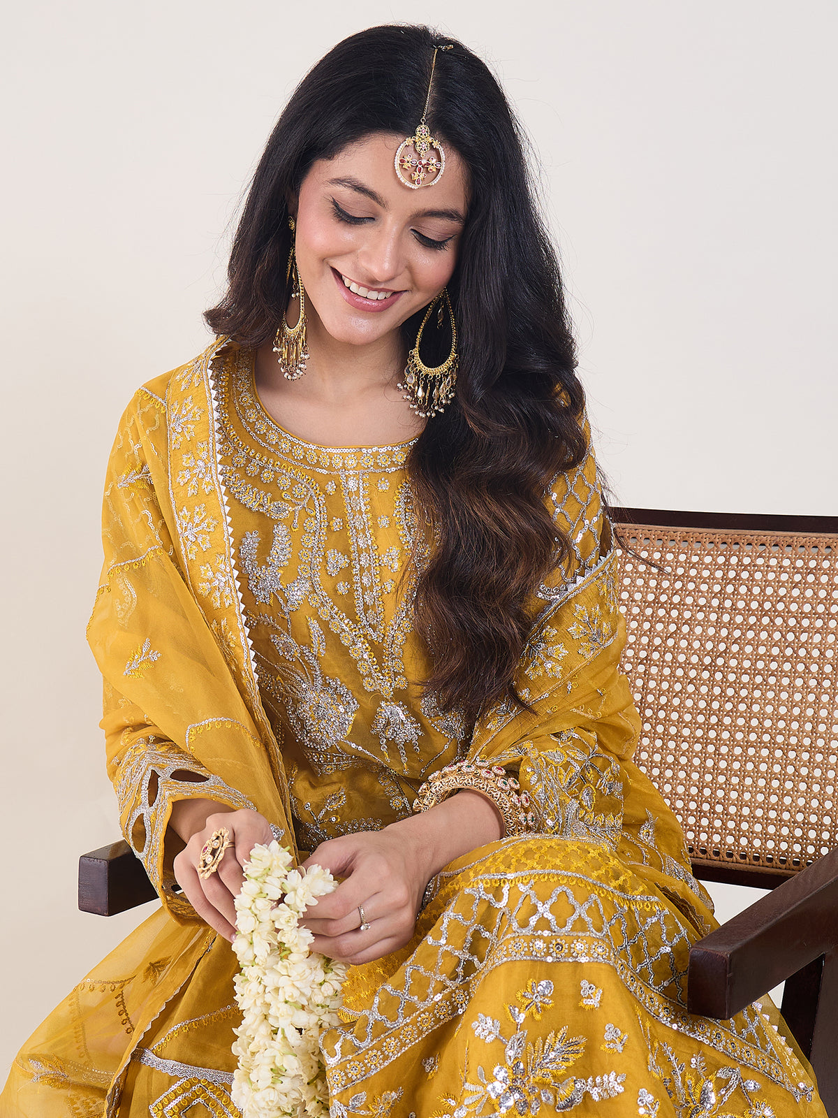 Yellow Embroidered Straight Kurta Trousers With Dupatta Set