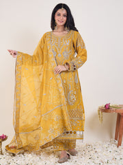 Yellow Embroidered Straight Kurta Trousers With Dupatta Set