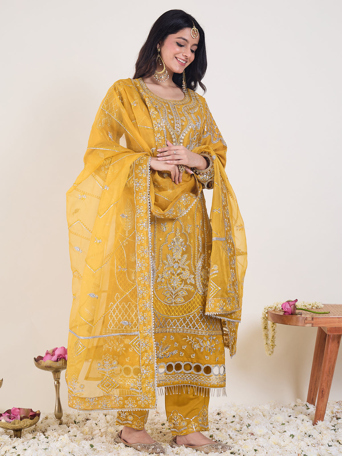 Yellow Embroidered Straight Kurta Trousers With Dupatta Set