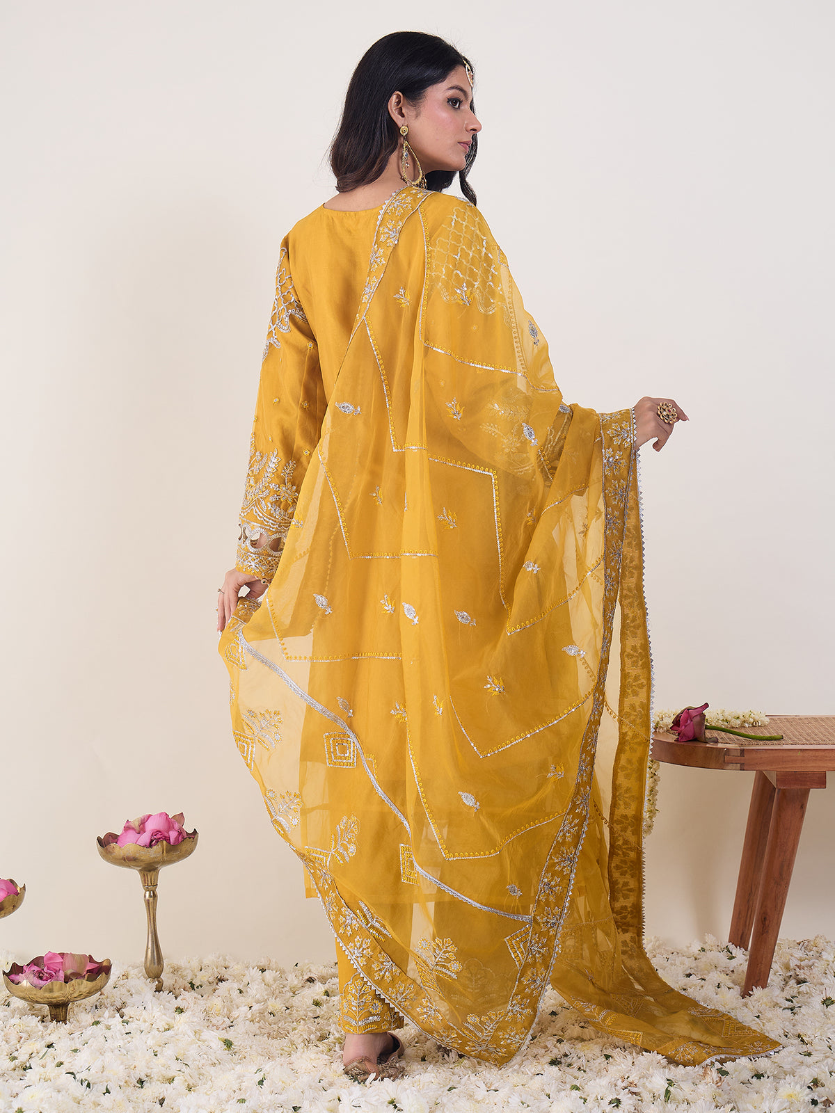 Yellow Embroidered Straight Kurta Trousers With Dupatta Set