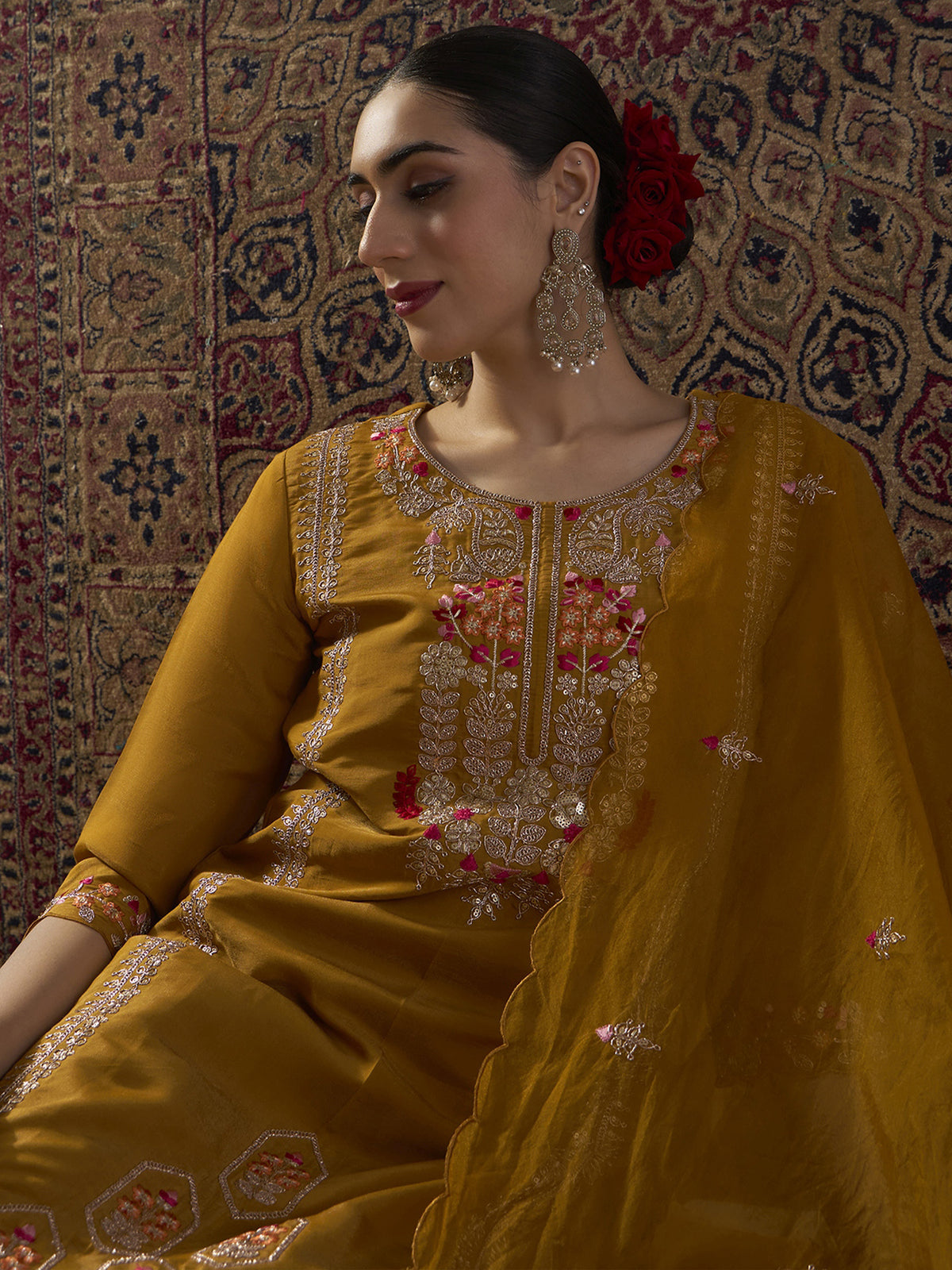 Mustard Embroidered Straight Kurta Palazzos With Dupatta Set