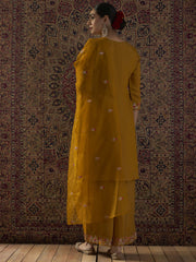 Mustard Embroidered Straight Kurta Palazzos With Dupatta Set