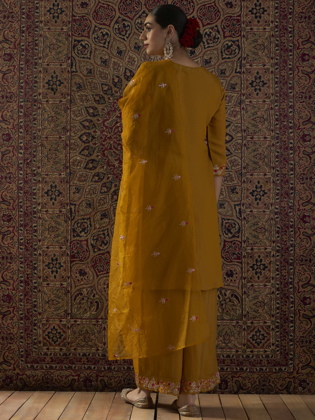 Mustard Embroidered Straight Kurta Palazzos With Dupatta Set