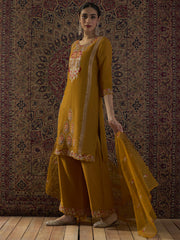 Mustard Embroidered Straight Kurta Palazzos With Dupatta Set