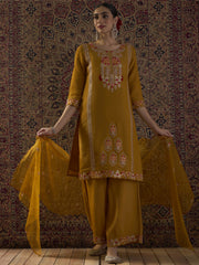 Mustard Embroidered Straight Kurta Palazzos With Dupatta Set