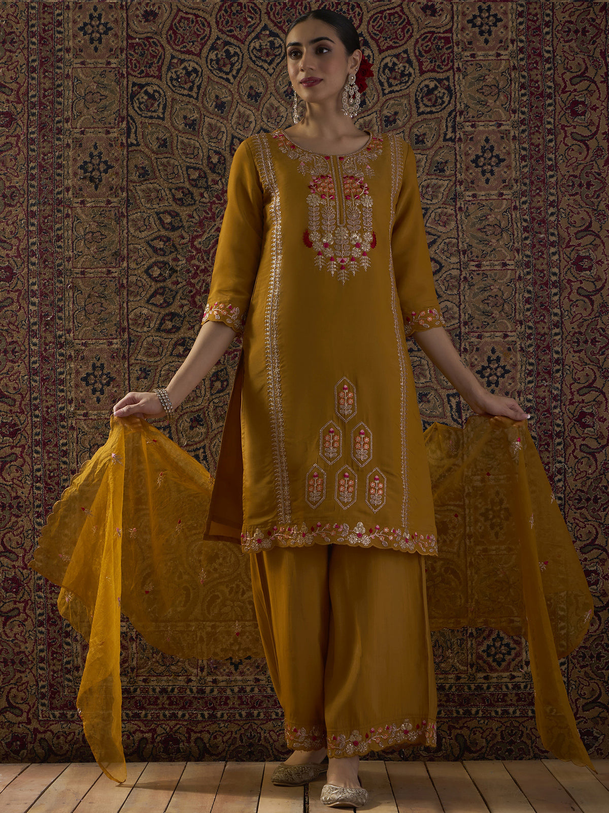 Mustard Embroidered Straight Kurta Palazzos With Dupatta Set