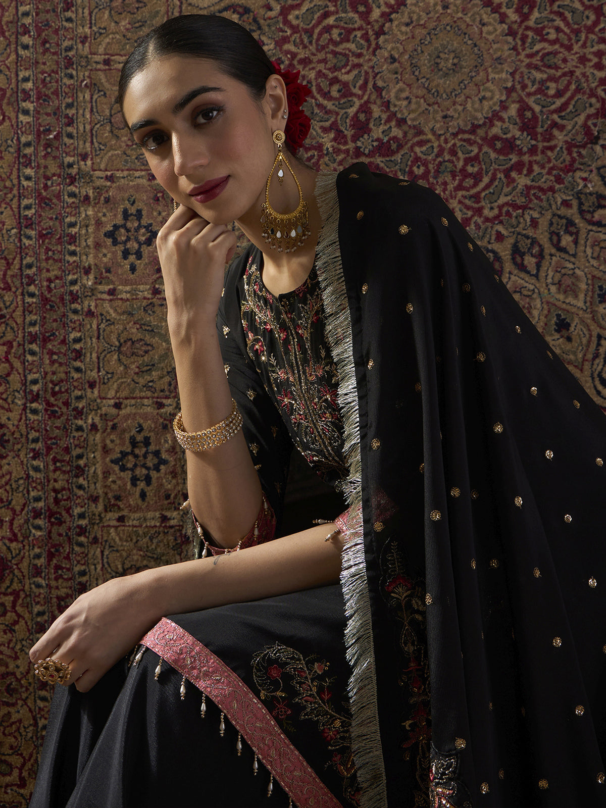 Black Embroidered Straight Kurta Palazzos With Dupatta Set