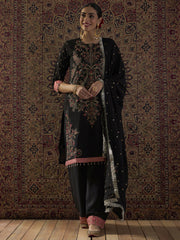 Black Embroidered Straight Kurta Palazzos With Dupatta Set