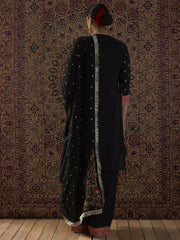 Black Embroidered Straight Kurta Palazzos With Dupatta Set