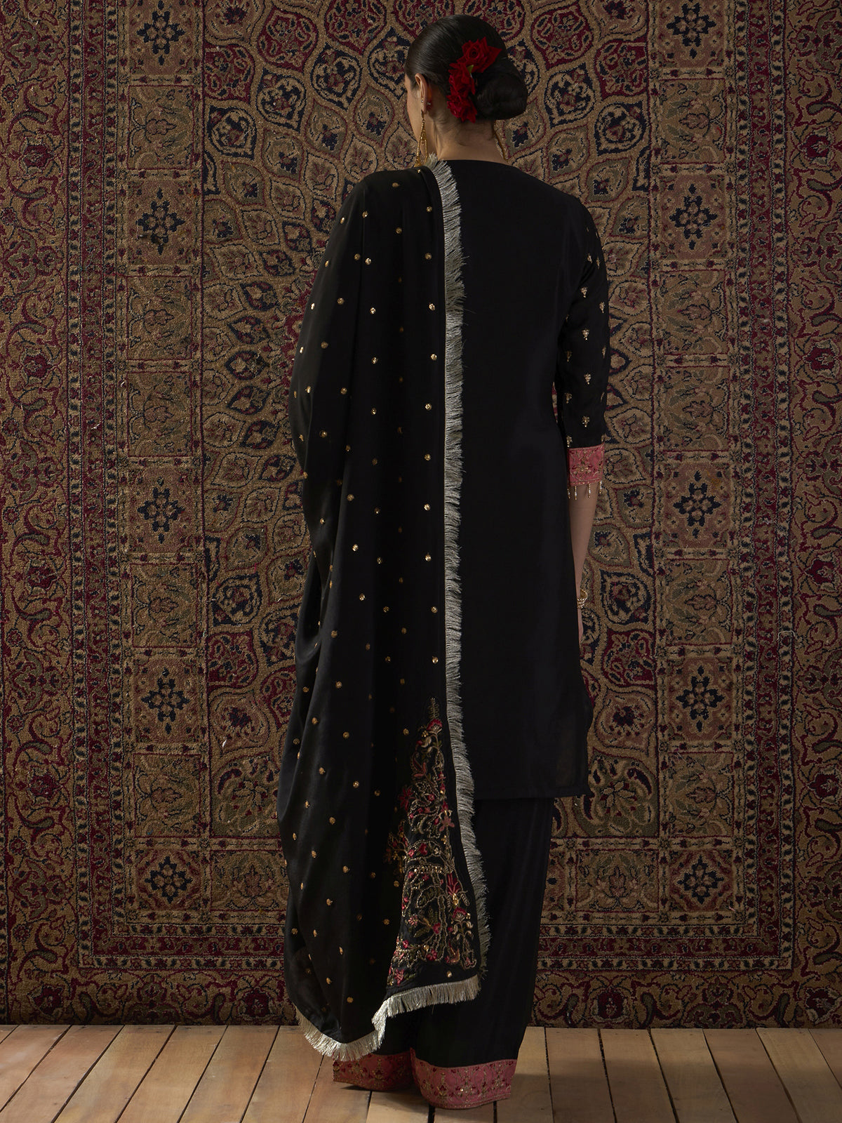 Black Embroidered Straight Kurta Palazzos With Dupatta Set