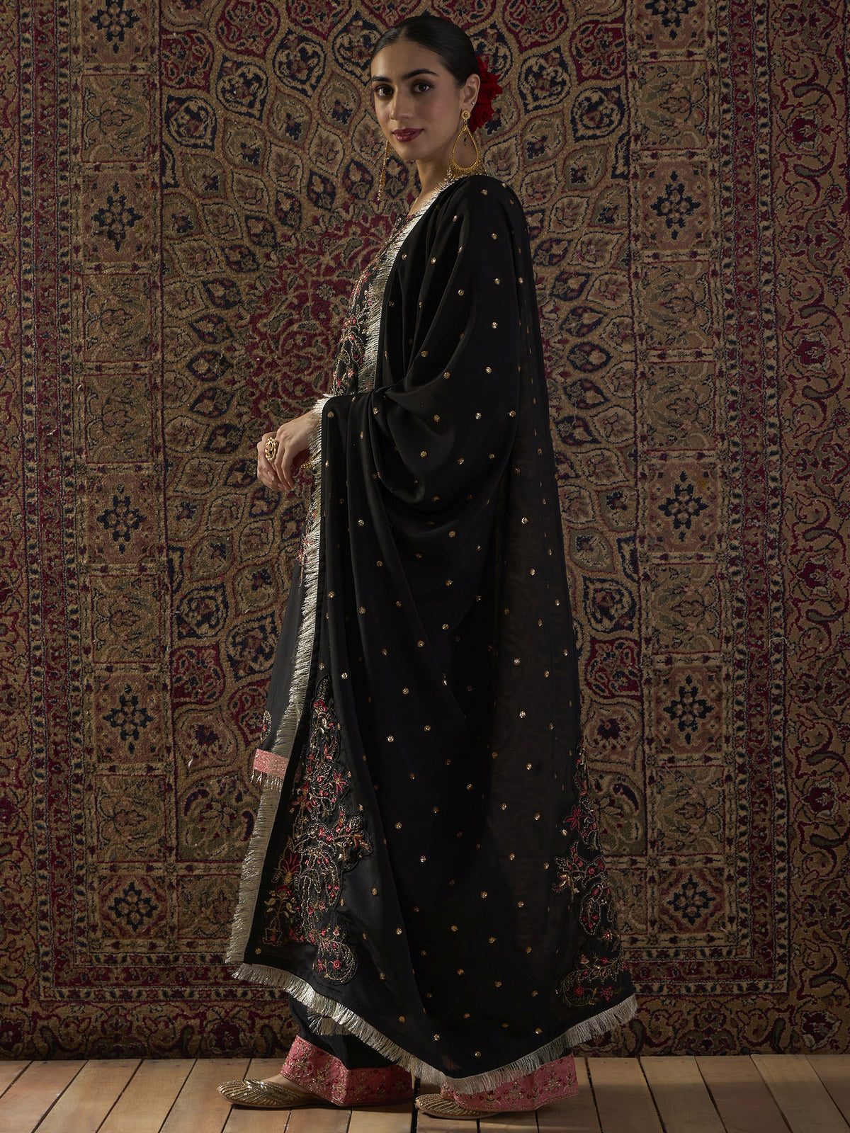 Black Embroidered Straight Kurta Palazzos With Dupatta Set