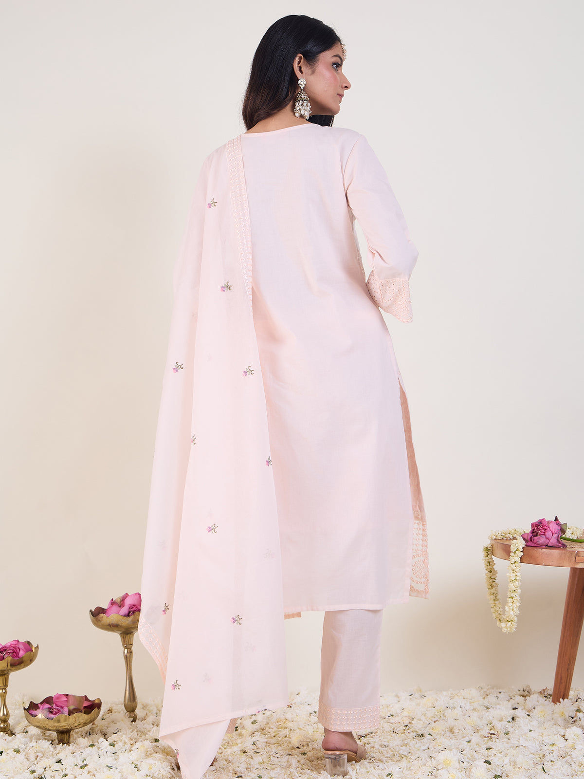 Pink Embroidered Straight Kurta Trousers With Dupatta Set