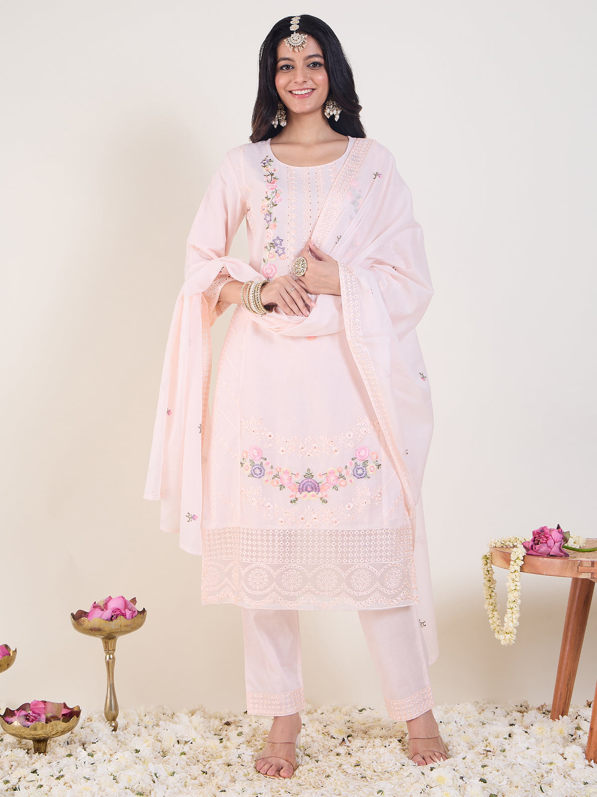 Pink Embroidered Straight Kurta Trousers With Dupatta Set