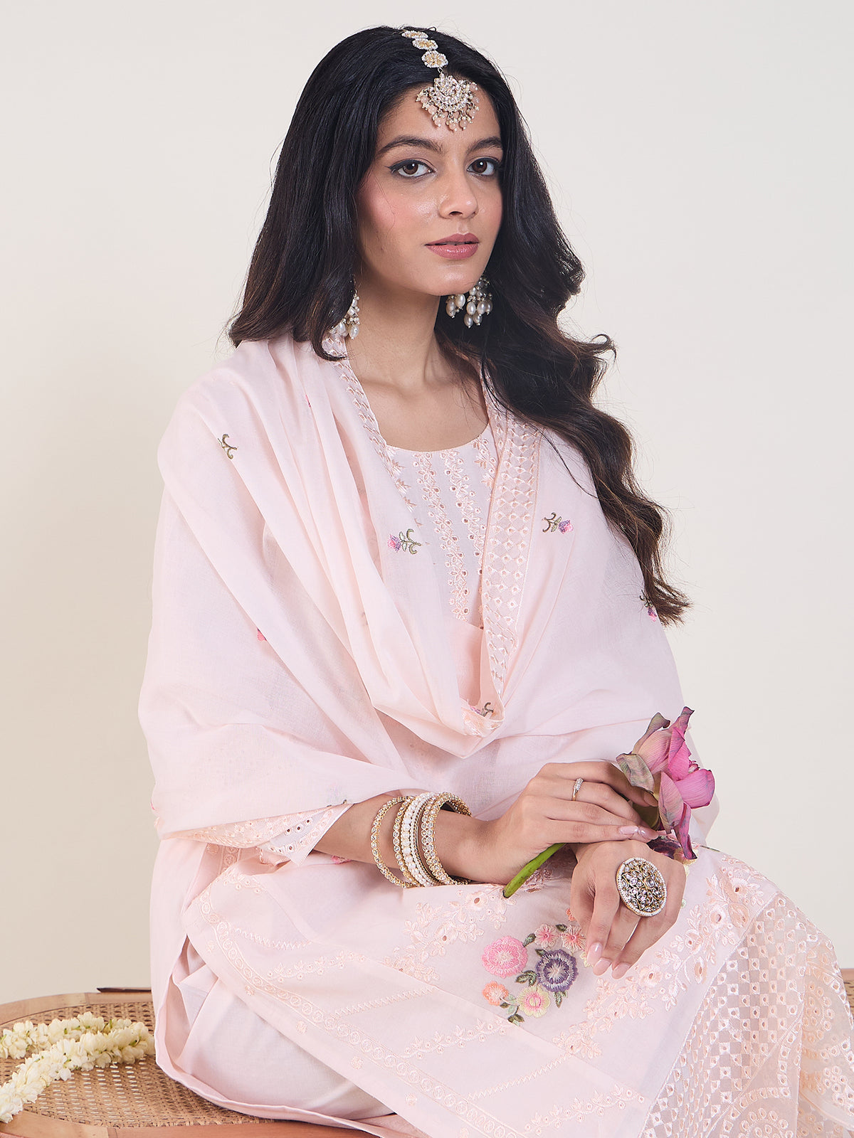 Pink Embroidered Straight Kurta Trousers With Dupatta Set