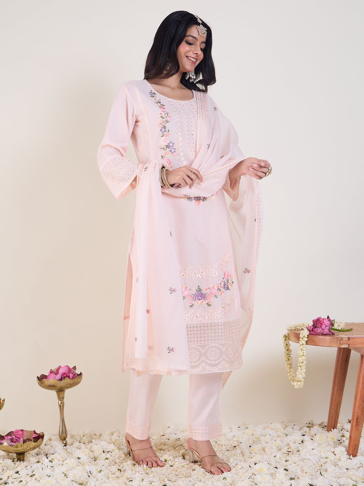Pink Embroidered Straight Kurta Trousers With Dupatta Set