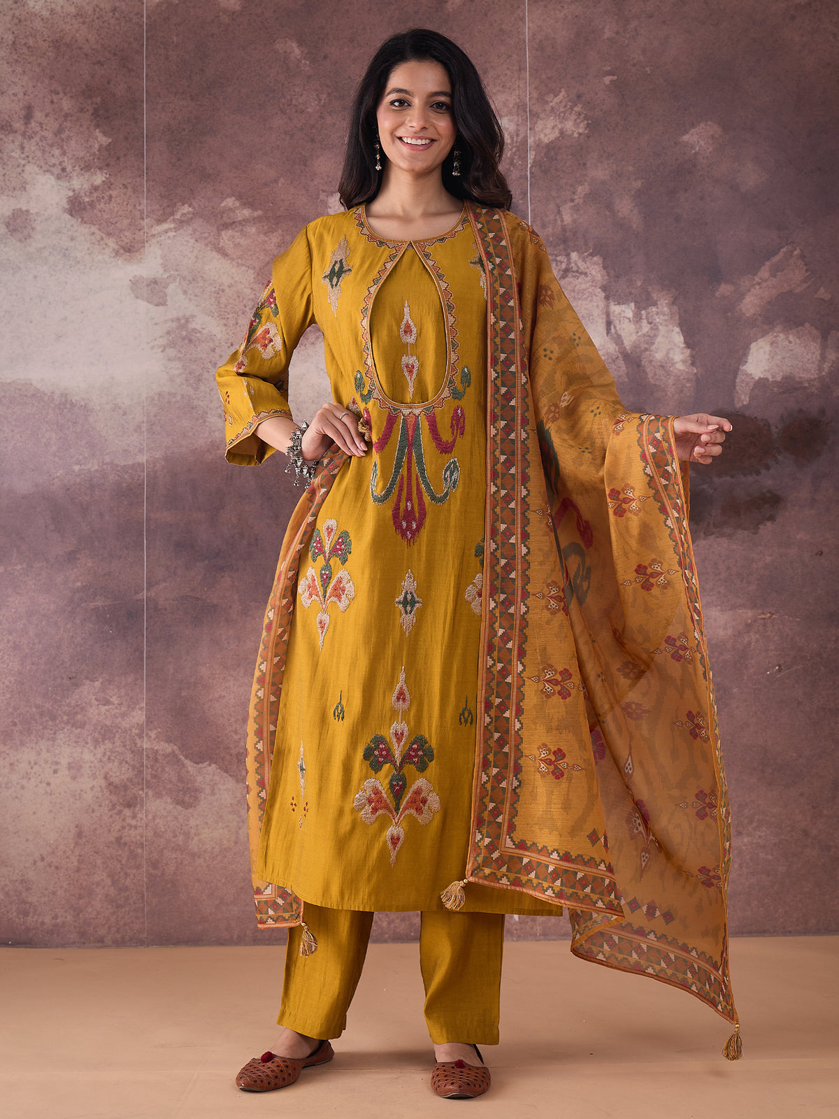 Mustard Embroidered Straight Kurta Trousers With Dupatta Set