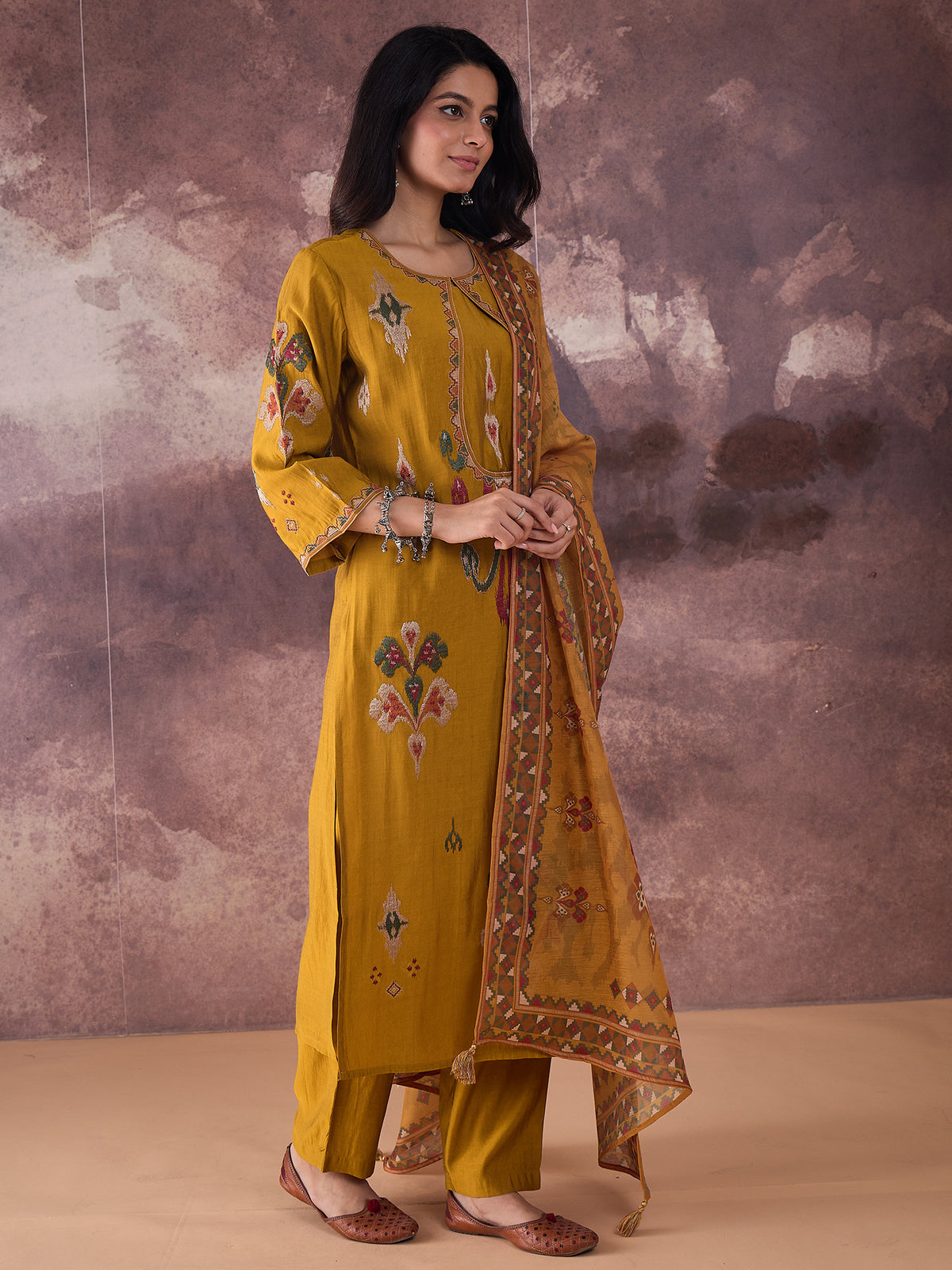 Mustard Embroidered Straight Kurta Trousers With Dupatta Set