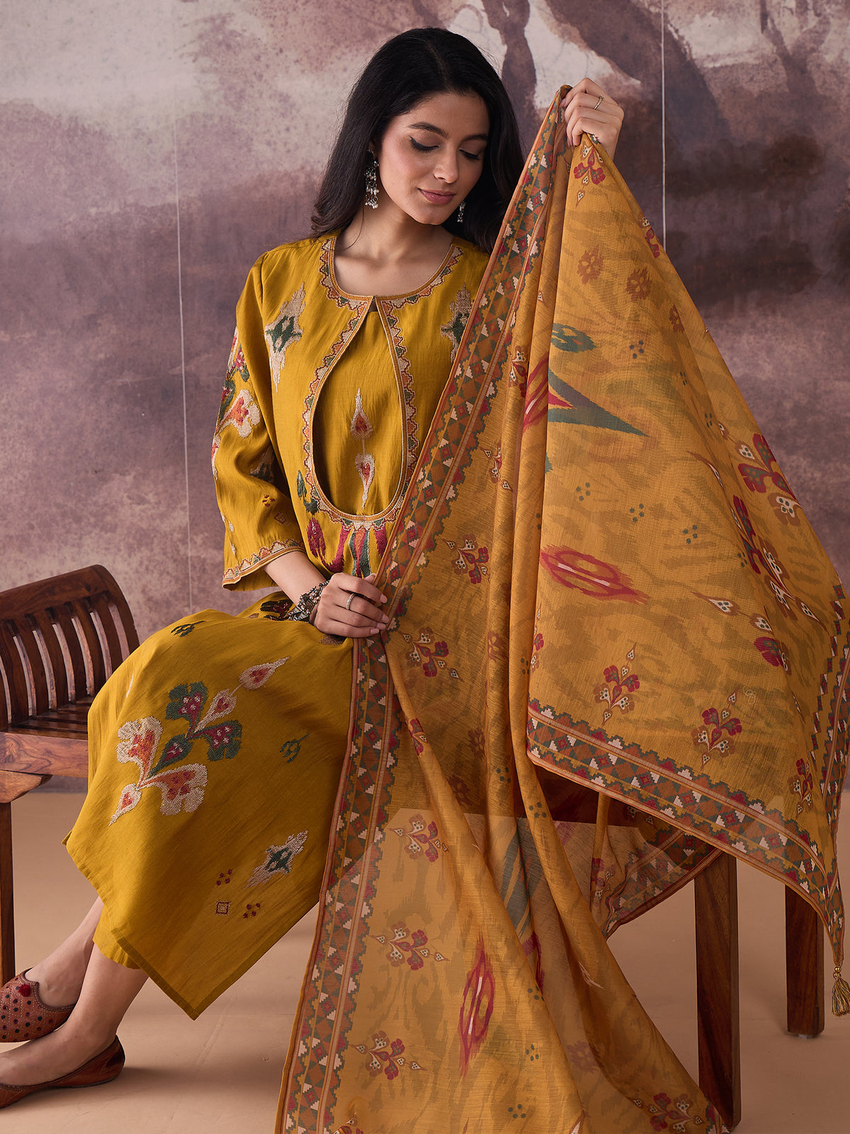 Mustard Embroidered Straight Kurta Trousers With Dupatta Set