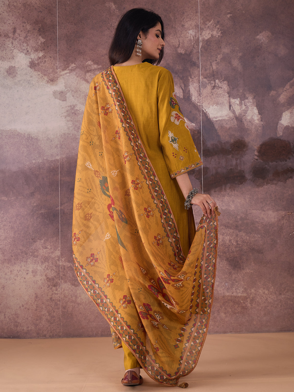 Mustard Embroidered Straight Kurta Trousers With Dupatta Set