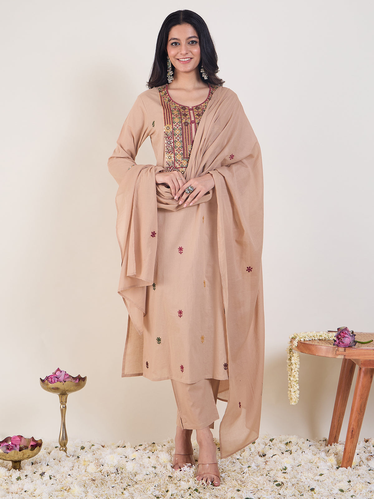Beige Embroidered Straight Kurta Trousers With Dupatta Set