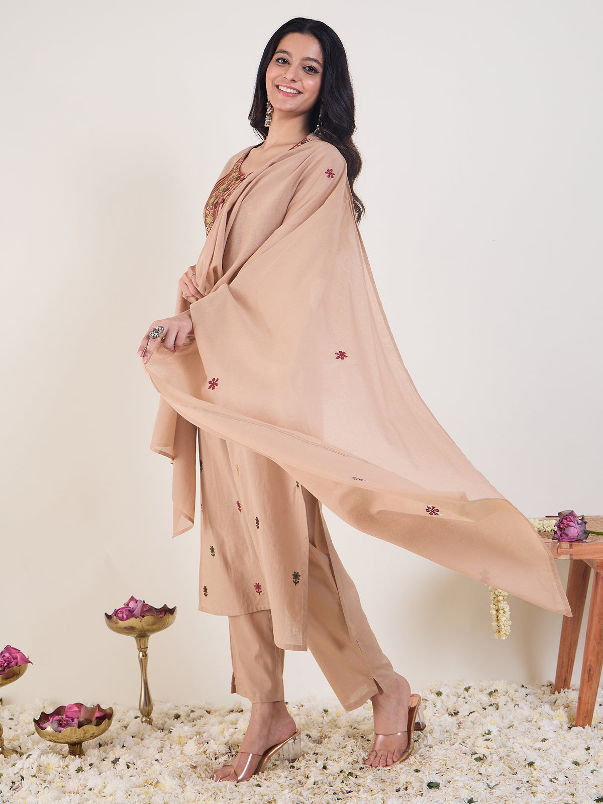 Beige Embroidered Straight Kurta Trousers With Dupatta Set