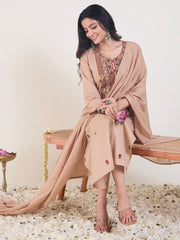 Beige Embroidered Straight Kurta Trousers With Dupatta Set