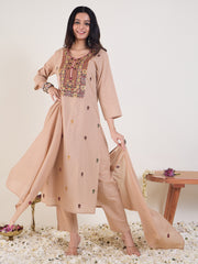 Beige Embroidered Straight Kurta Trousers With Dupatta Set