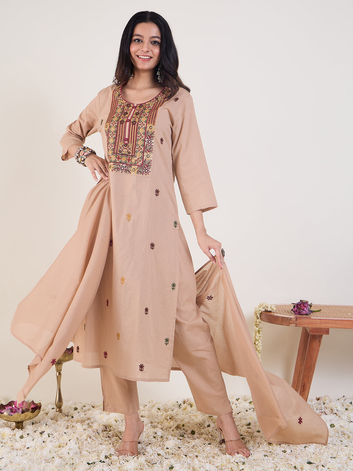 Beige Embroidered Straight Kurta Trousers With Dupatta Set